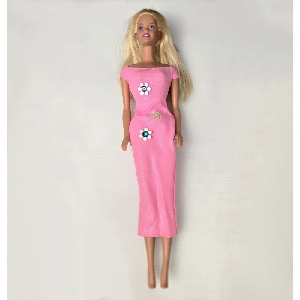 Barbie Cool Clips Doll Blonde Hair Pink Dress Flowers Sparkles 2001 #50598 Vtg